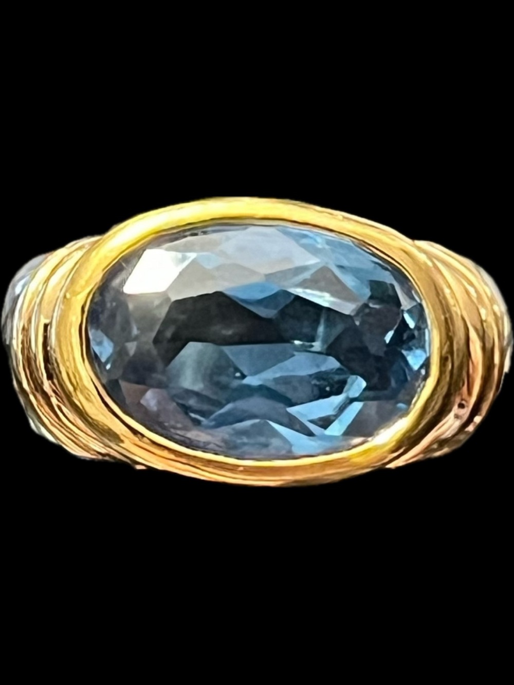 Black silver gold cable oval blue topaz bezel set CZ cocktail statement ring